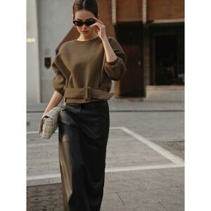 Commense Belted Sweatshirt Brown Cropped Pullover Top Casual Chic Fashion S